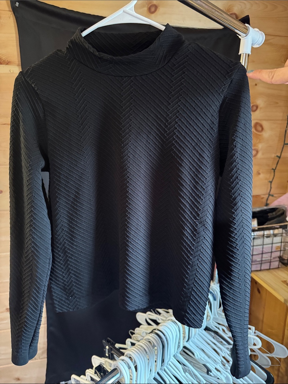 Classic Black Long Sleeve Textured Mock Neck Top